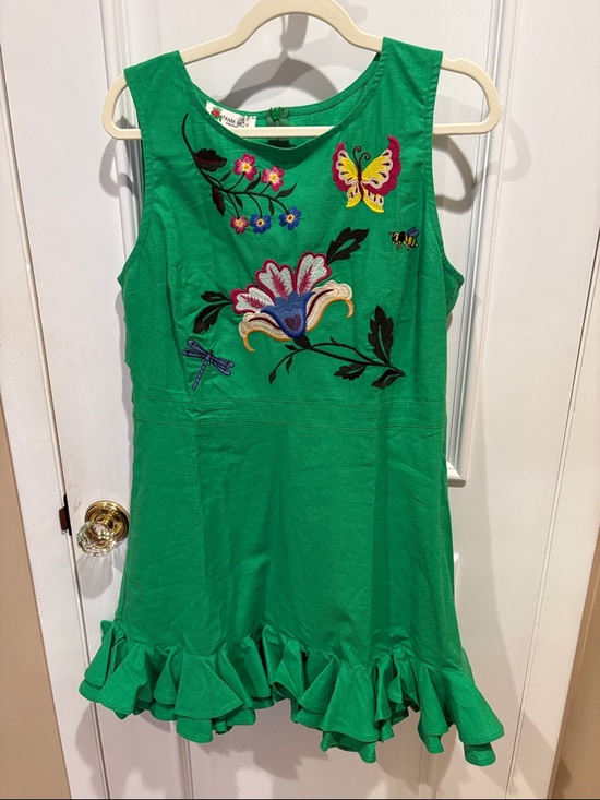 Fanm Mon Dresses & Skirts - Fanm Mon Flirt Green Embroidered Floral Butterfly Ruffle Hem Dress